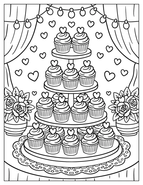 Na patrovém stojanu jsou cupcakes ozdobené srdíčky, připravené na svatební oslavu.