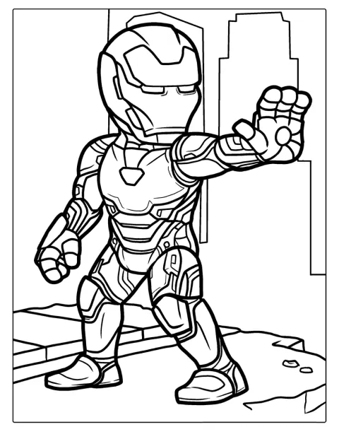 Iron Man jest przedstawiony w prostym konturze swojej zbroi.