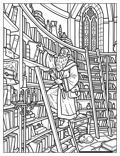 Un mago busca un libro entre las estanterías de una biblioteca mágica.