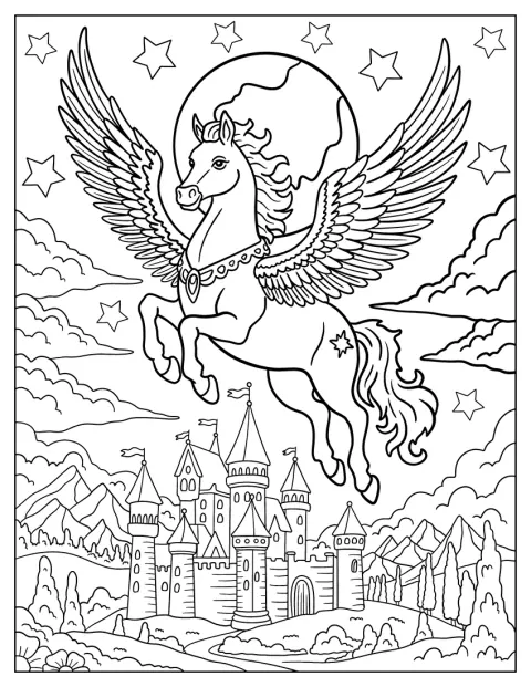 Un Pegaso real vuela sobre un castillo fantástico y unas montañas.