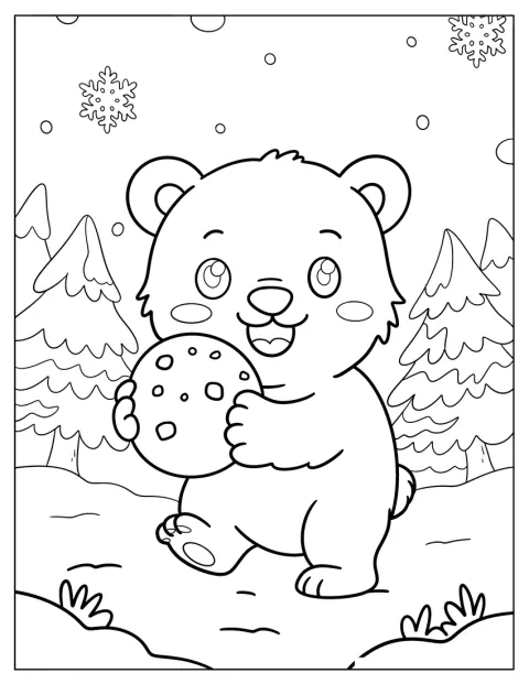 Ein Eisbärbaby hält einen Schneeball in seinen Pfoten.