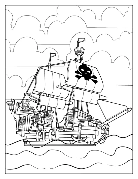 Ett Lego-piratfartyg seglar fram med sina segel hissade.