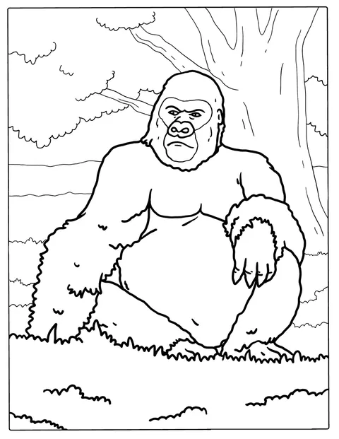Dorosły goryl siedzi spokojnie na trawie.