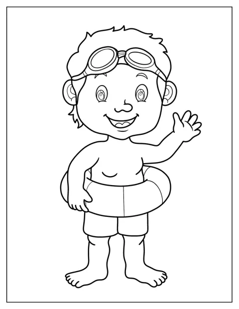 Un niño con gafas de natación lleva un flotador en la piscina.