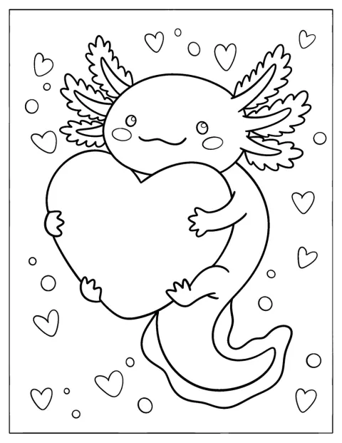 Un axolotl drăgălaș îmbrățișează o inimă mare.