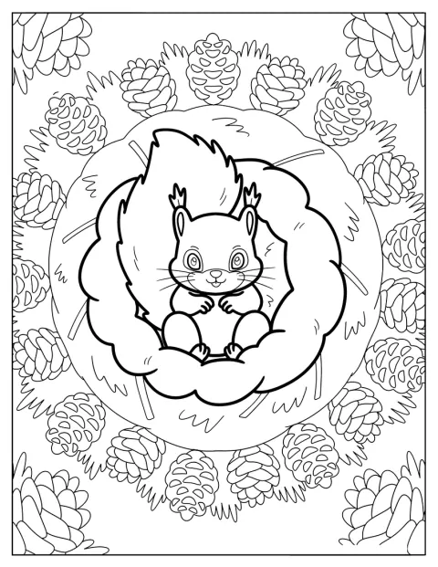 Squirrel Coloring Page Resting in a Nest Surrounded by Pinecone