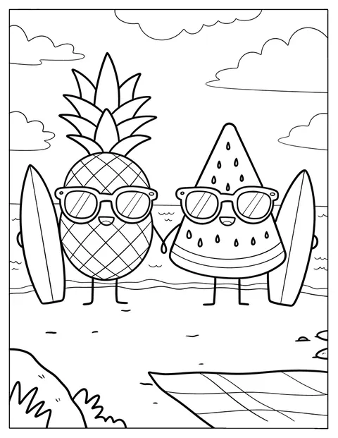En ananas og en vannmelon med solbriller surfer på sommerbølger.