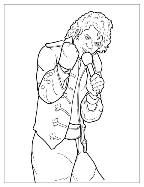 Michael Jackson canta ao microfone, representado num desenho de contornos simples.