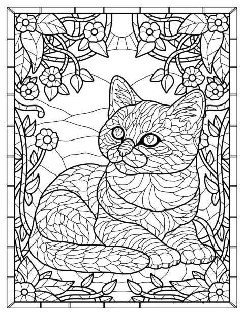 子猫が花の咲く草原に寝そべり、ステンドグラス風に描かれています。
