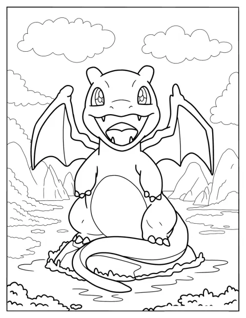 Charizard, num estilo kawaii, está de pé sobre uma rocha.