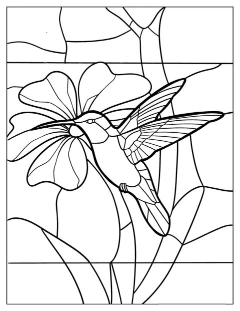 En kolibri og en blomst er omgivet af mønstre, der ligner glasmosaik.