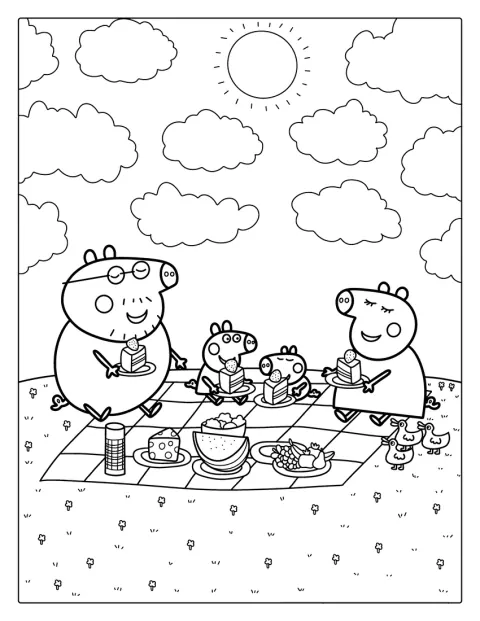 Peppa Pig ja hänen perheensä nauttivat piknikistä ulkona.