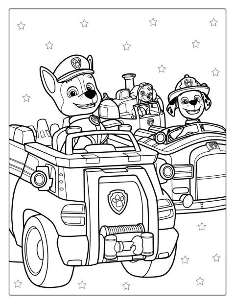 Prietenii din Paw Patrol se deplasează în vehiculele lor.