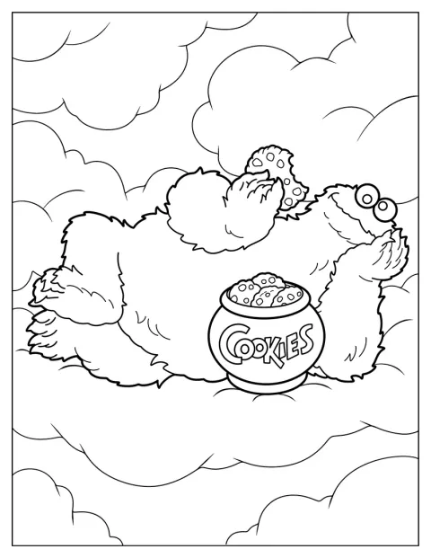 Tussen de wolken staat Koekiemonster met een pot vol koekjes.