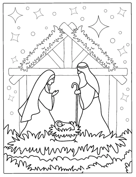 Jezus ligt in de kribbe, omringd door Maria, Jozef en bezoekers.