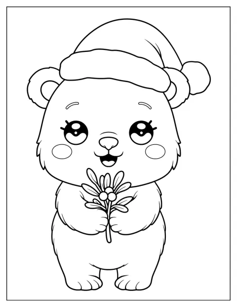 Um urso com gorro de Pai Natal segura um ramo de visco.