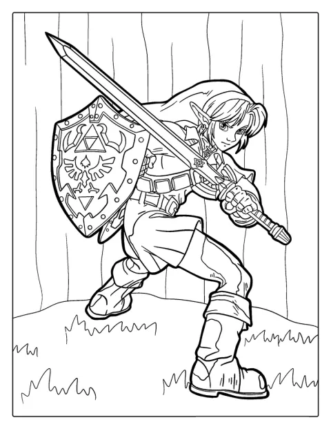 Link sostiene su espada y su escudo, listo para la aventura.