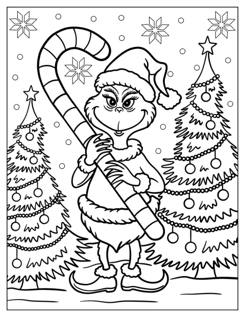 グリンチがキャンディケインを手にして、クリスマスの日を過ごしています。