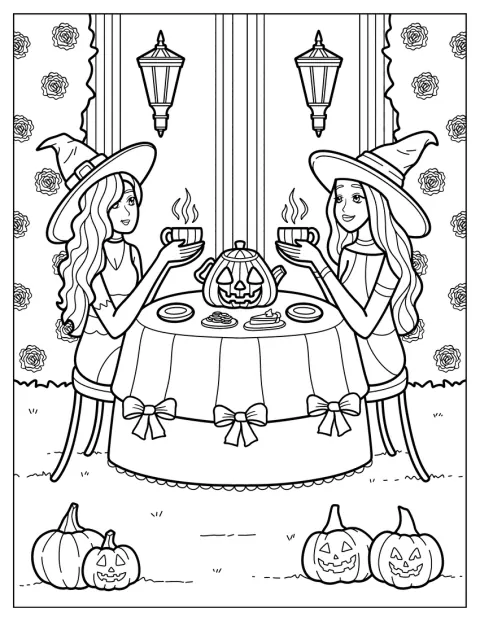 二人の魔女が、ハロウィンの飾りに囲まれてテーブルでお茶を楽しんでいます。