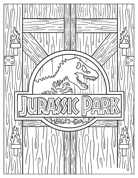 Yksityiskohtainen Jurassic Park -logo koristaa suurta porttia.