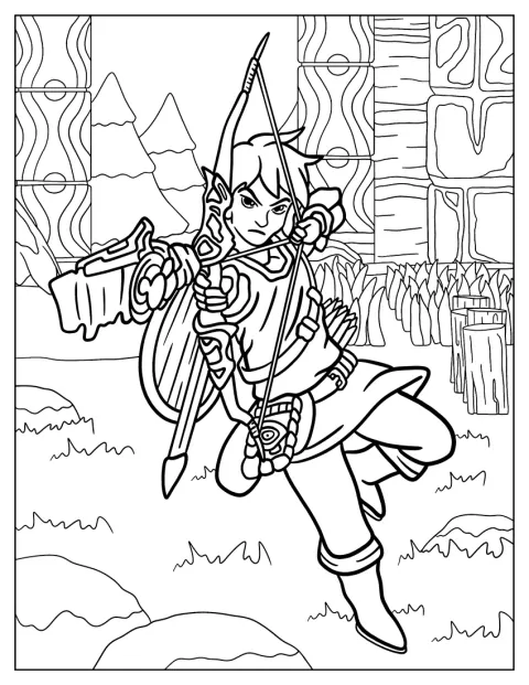 Link napíná luk a míří šípem vpřed.