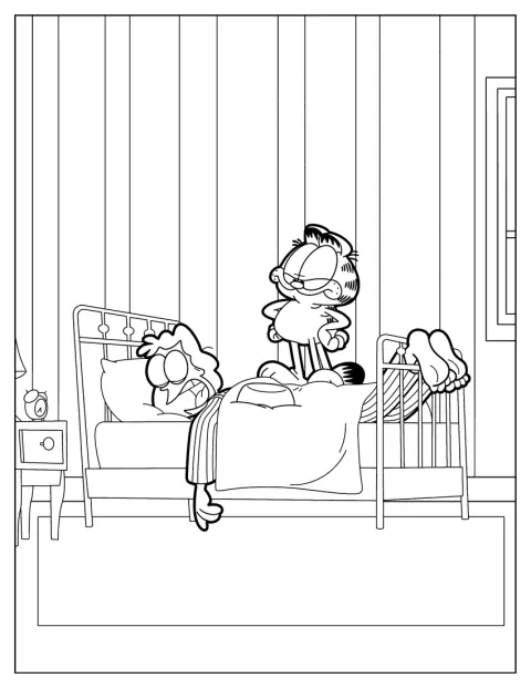 Garfield fronce les sourcils en regardant Jon Arbuckle dormir.