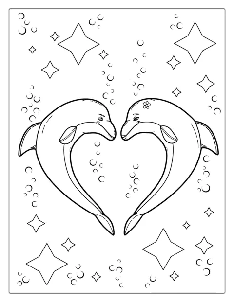 Due delfini si incurvano l'uno verso l'altro, formando un cuore.