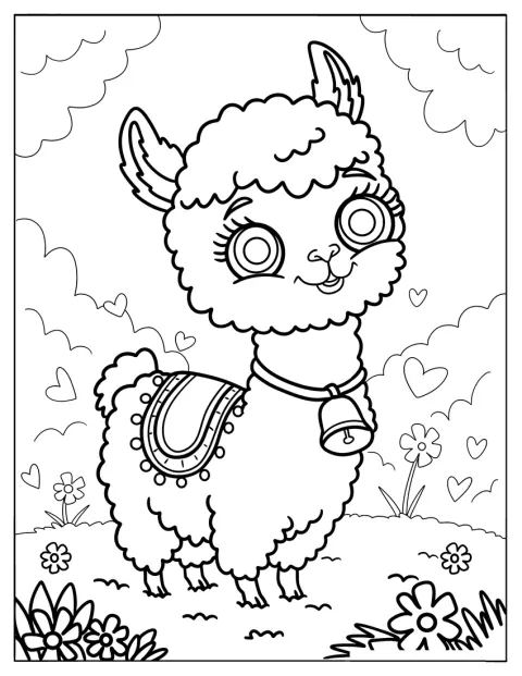 Una llama con silla de montar está de pie entre flores.