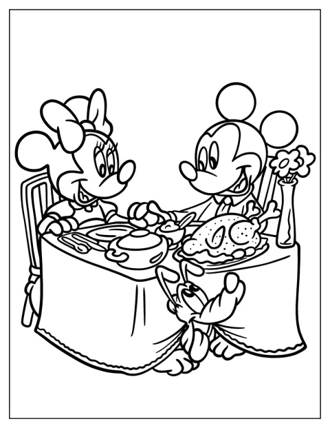Romantic Disney Thanksgiving Coloring Page Dinner With Mickey Mouse, Minnie Mouse, And Pluto