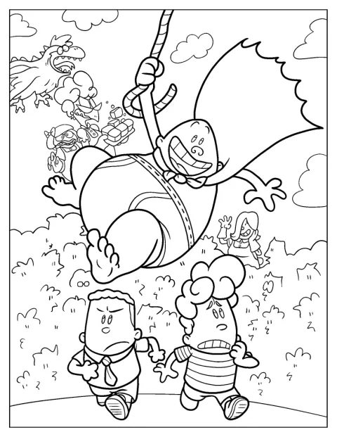 Captain Underpants egy kötélen leng a levegőben.