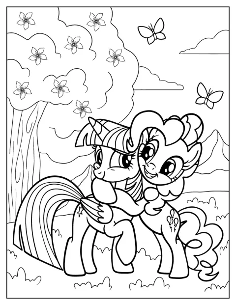 Pinkie Pie envolve Twilight Sparkle num abraço.