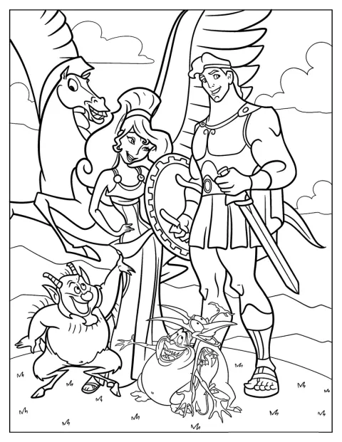 Hercules står bredvid Meg, Pegasus, Phil, Pain och Panic.