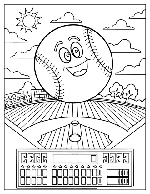 Een lachende honkbal staat op het honkbalveld.
