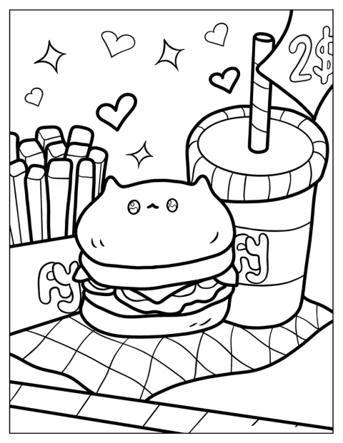 猫の顔をしたハンバーガーのそばに、ポテトとソーダがあります。