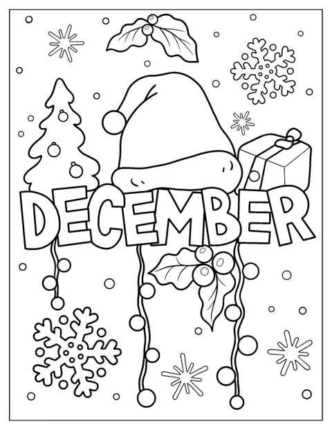 Decemberillustrationen visar vintern tillsammans med olika julelement.