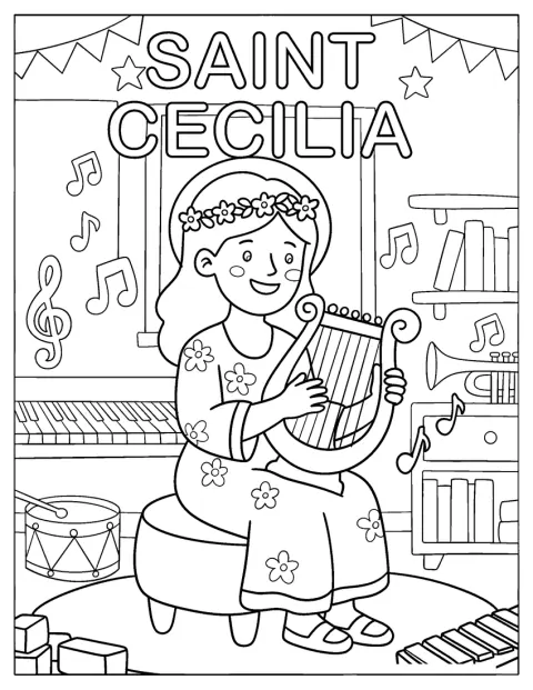 Szent Cecília egy hárfán játszik.