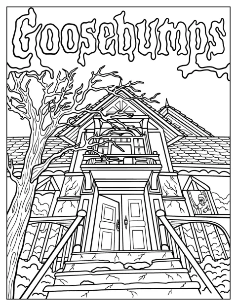 Una casa encantada de Goosebumps se alza entre árboles.