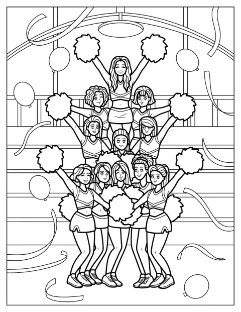 Kannustusjoukkue muodostaa ihmispyramidin pomponit käsissään konfetin lennellessä.