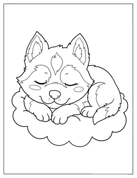 En lille huskyhvalp sover trygt på et tæppe med blomster.