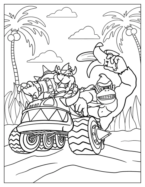 Donkey Kong és Bowser egymás mellett száguldanak a Mario Kart versenyén.