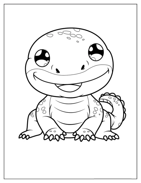 A kawaii stílusú komodói varánusz mosolyogva néz előre.