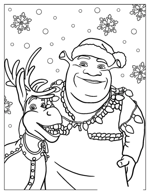 Shrek och Donkey står tillsammans med julbelysning runt sig.