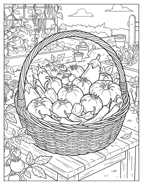 Um cesto está cheio de legumes frescos e tomates acabados de colher.