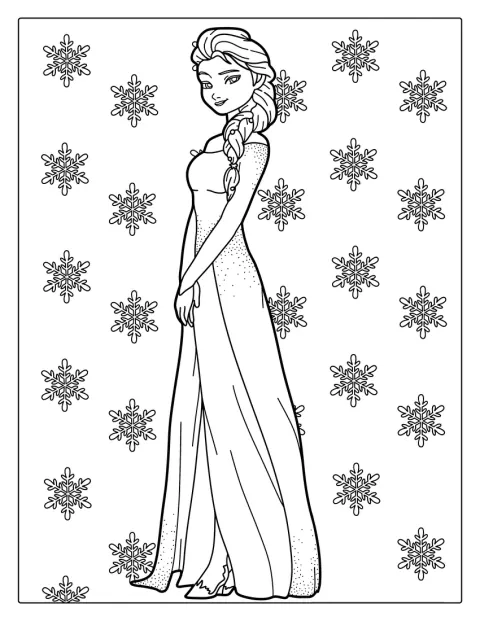 雪の結晶を背景に、エルサが華やかなドレスを着ています。