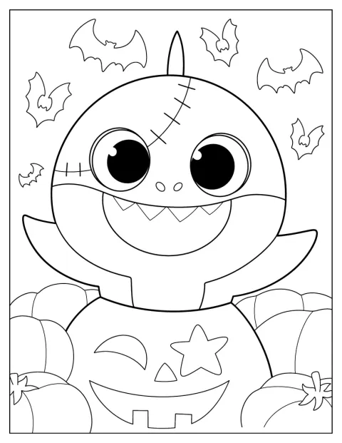 Baby Shark aparece entre morcegos e abóboras numa cena de Halloween.