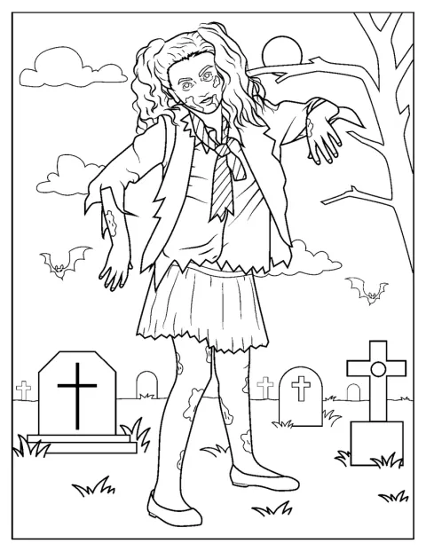 Dziewczyna zombie spaceruje między nagrobkami na halloweenowym cmentarzu.