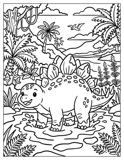 Ein freundlicher Stegosaurus spaziert an einem Teich im tropischen Dschungel.