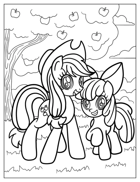 Applejack è insieme alla sua sorellina Apple Bloom.