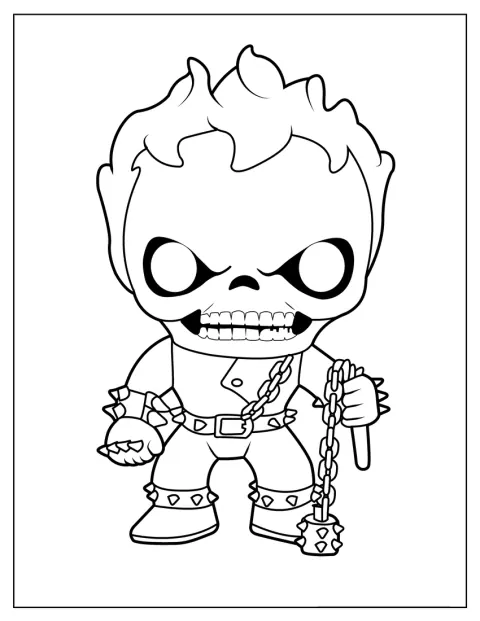 Een griezelige, kleine Ghost Rider staat met vlammen rond zijn hoofd.