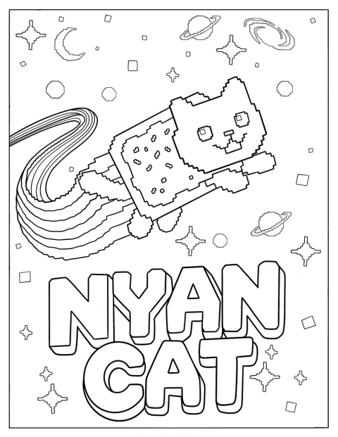 Nyan Cat flyger genom rymden med ett färgglatt spår bakom sig.